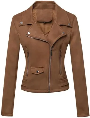 Women's Suede Jacket Moto Biker Faux Suede Jackets Ladies Lapel Suede Leather Zip up Short Coats