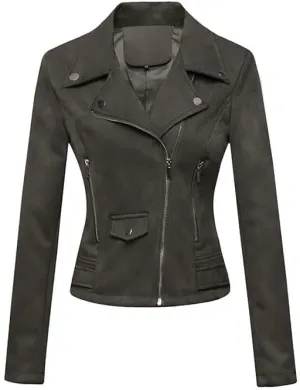 Women's Suede Jacket Moto Biker Faux Suede Jackets Ladies Lapel Suede Leather Zip up Short Coats