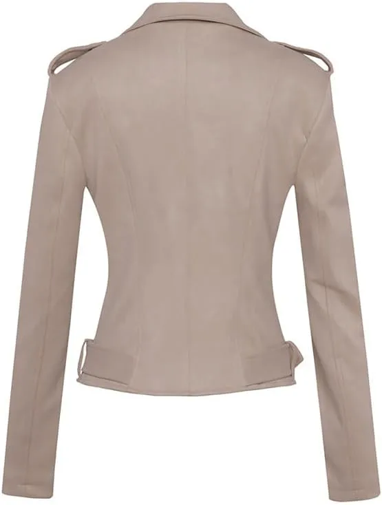 Women's Suede Jacket Moto Biker Faux Suede Jackets Ladies Lapel Suede Leather Zip up Short Coats