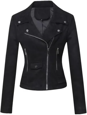 Women's Suede Jacket Moto Biker Faux Suede Jackets Ladies Lapel Suede Leather Zip up Short Coats