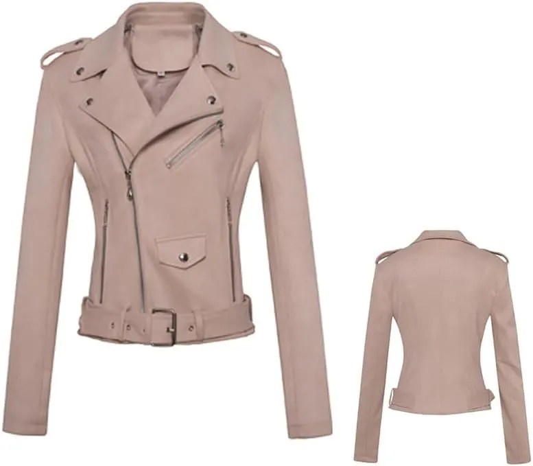 Women's Suede Jacket Moto Biker Faux Suede Jackets Ladies Lapel Suede Leather Zip up Short Coats