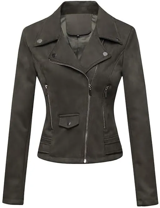 Women's Suede Jacket Moto Biker Faux Suede Jackets Ladies Lapel Suede Leather Zip up Short Coats
