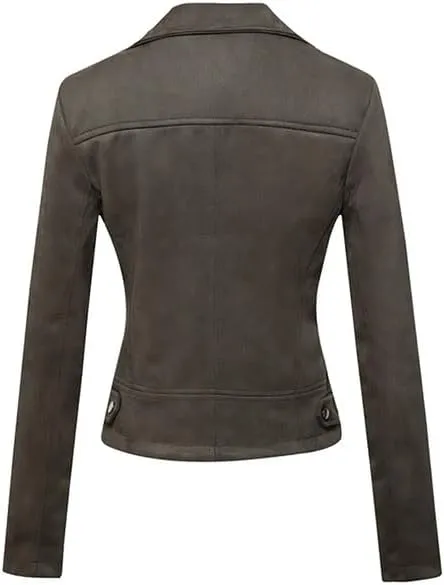 Women's Suede Jacket Moto Biker Faux Suede Jackets Ladies Lapel Suede Leather Zip up Short Coats