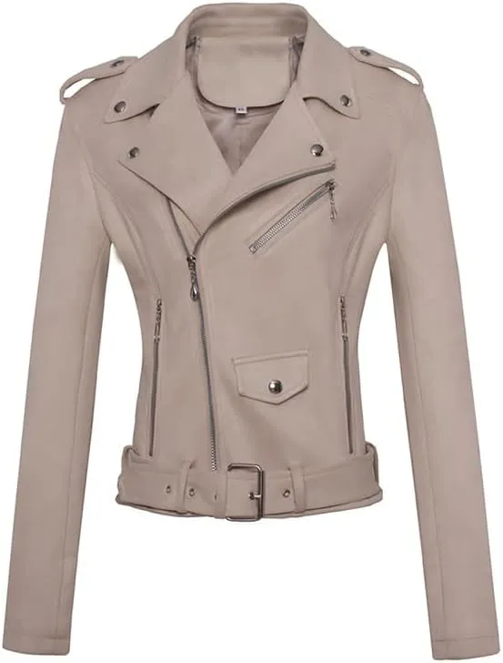 Women's Suede Jacket Moto Biker Faux Suede Jackets Ladies Lapel Suede Leather Zip up Short Coats