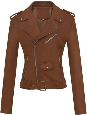 Women's Suede Jacket Moto Biker Faux Suede Jackets Ladies Lapel Suede Leather Zip up Short Coats