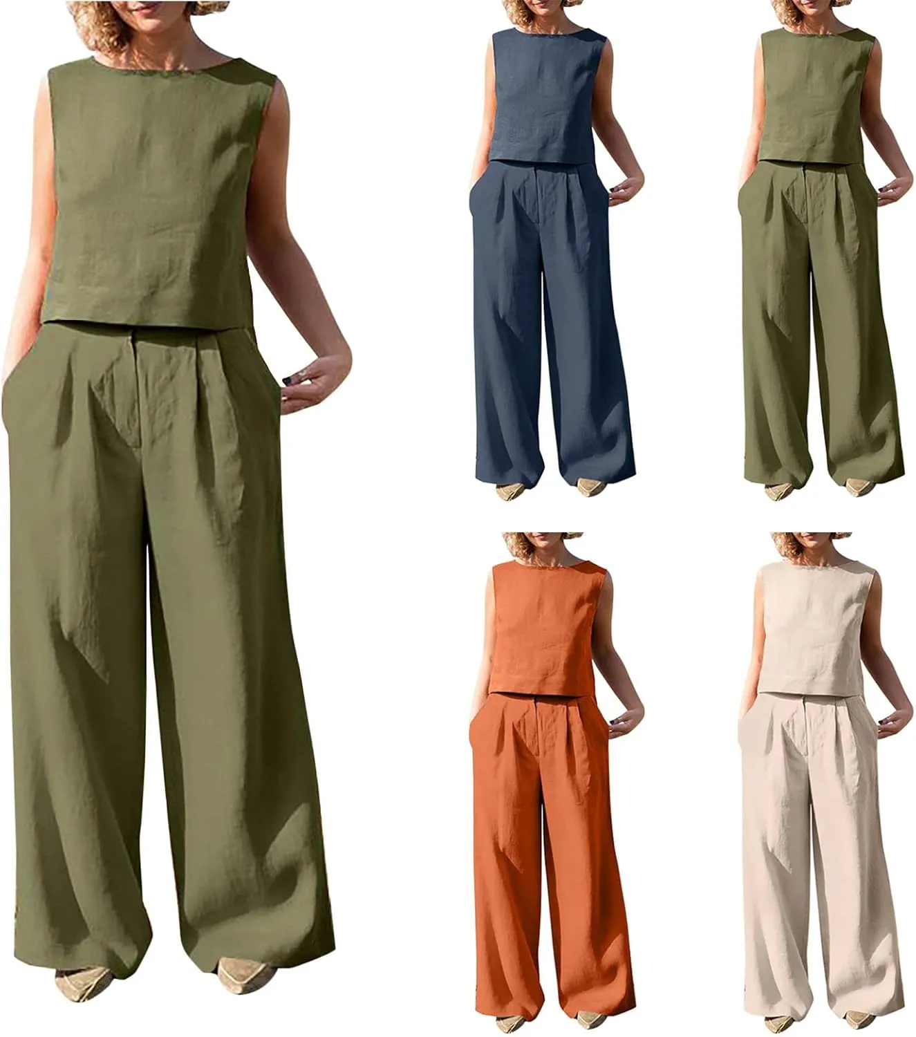 Women's Summer 2 Piece Outfits Round Neck Crop Top Loose Sleeveless Tank Top Wide Leg Long Pants Beach Linen Sets
