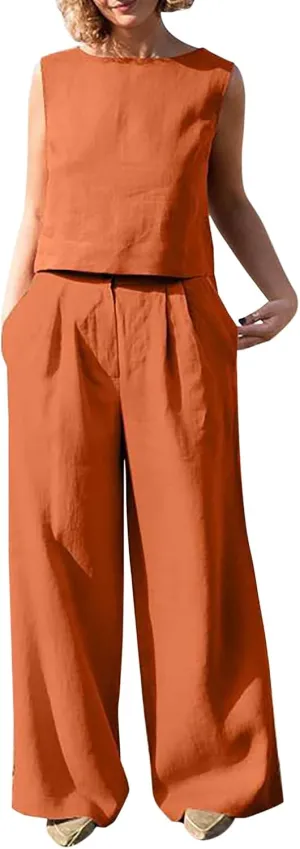 Women's Summer 2 Piece Outfits Round Neck Crop Top Loose Sleeveless Tank Top Wide Leg Long Pants Beach Linen Sets