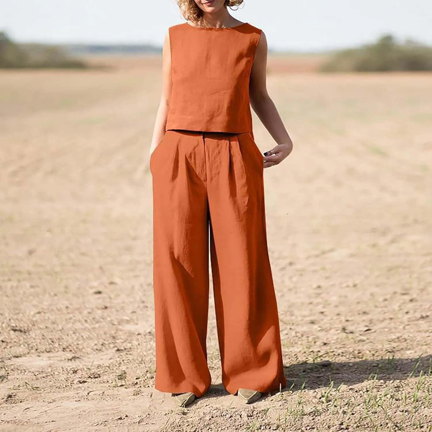 Women's Summer 2 Piece Outfits Round Neck Crop Top Loose Sleeveless Tank Top Wide Leg Long Pants Beach Linen Sets