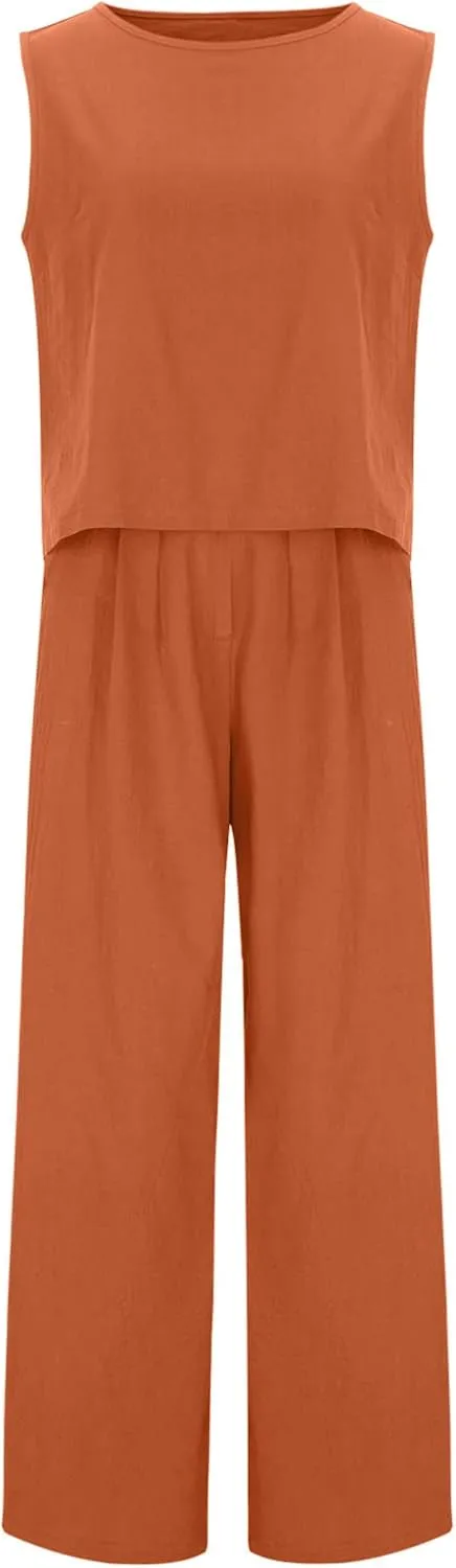 Women's Summer 2 Piece Outfits Round Neck Crop Top Loose Sleeveless Tank Top Wide Leg Long Pants Beach Linen Sets