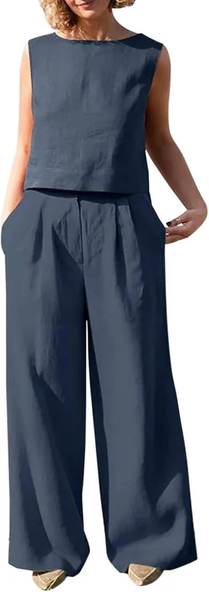 Women's Summer 2 Piece Outfits Round Neck Crop Top Loose Sleeveless Tank Top Wide Leg Long Pants Beach Linen Sets