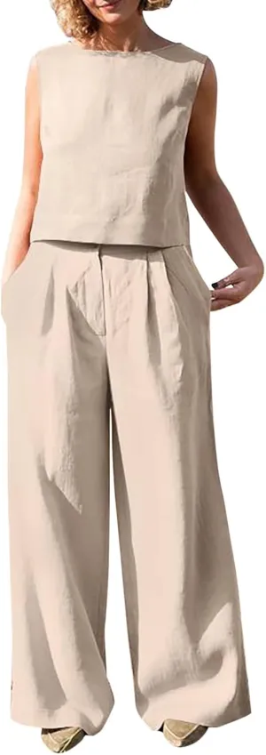 Women's Summer 2 Piece Outfits Round Neck Crop Top Loose Sleeveless Tank Top Wide Leg Long Pants Beach Linen Sets