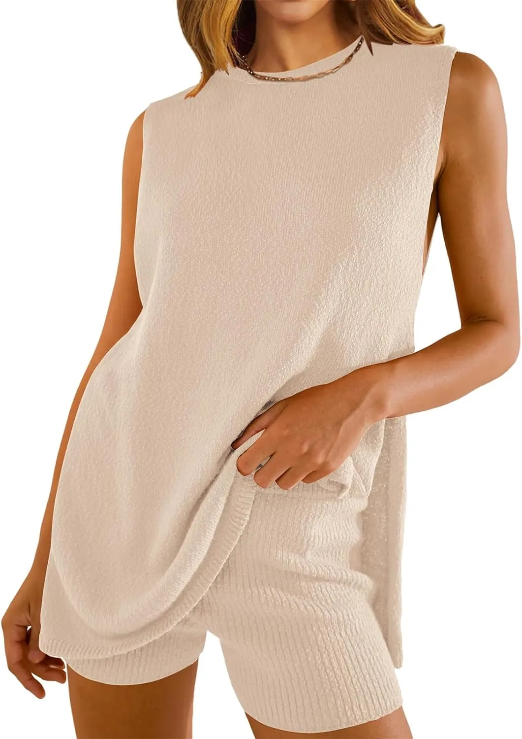 Women's Summer 2 Piece Sets Soft Lounge Sets Fashion Sleeveless Knit Sweater Top & Shorts Loose Comfy Vacation Outfits