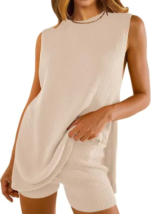 Women's Summer 2 Piece Sets Soft Lounge Sets Fashion Sleeveless Knit Sweater Top & Shorts Loose Comfy Vacation Outfits