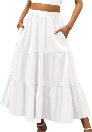 Women's Summer Boho Maxi Skirts Elastic High Waist Pleated A-Line Flowy Ruffle Tiered Long Beach Vacation Skirt