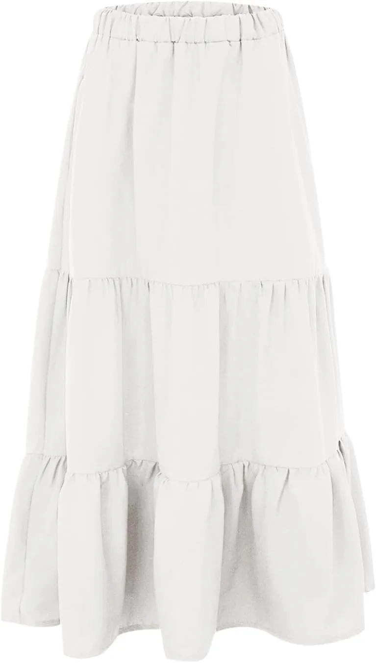 Women's Summer Boho Maxi Skirts Elastic High Waist Pleated A-Line Flowy Ruffle Tiered Long Beach Vacation Skirt
