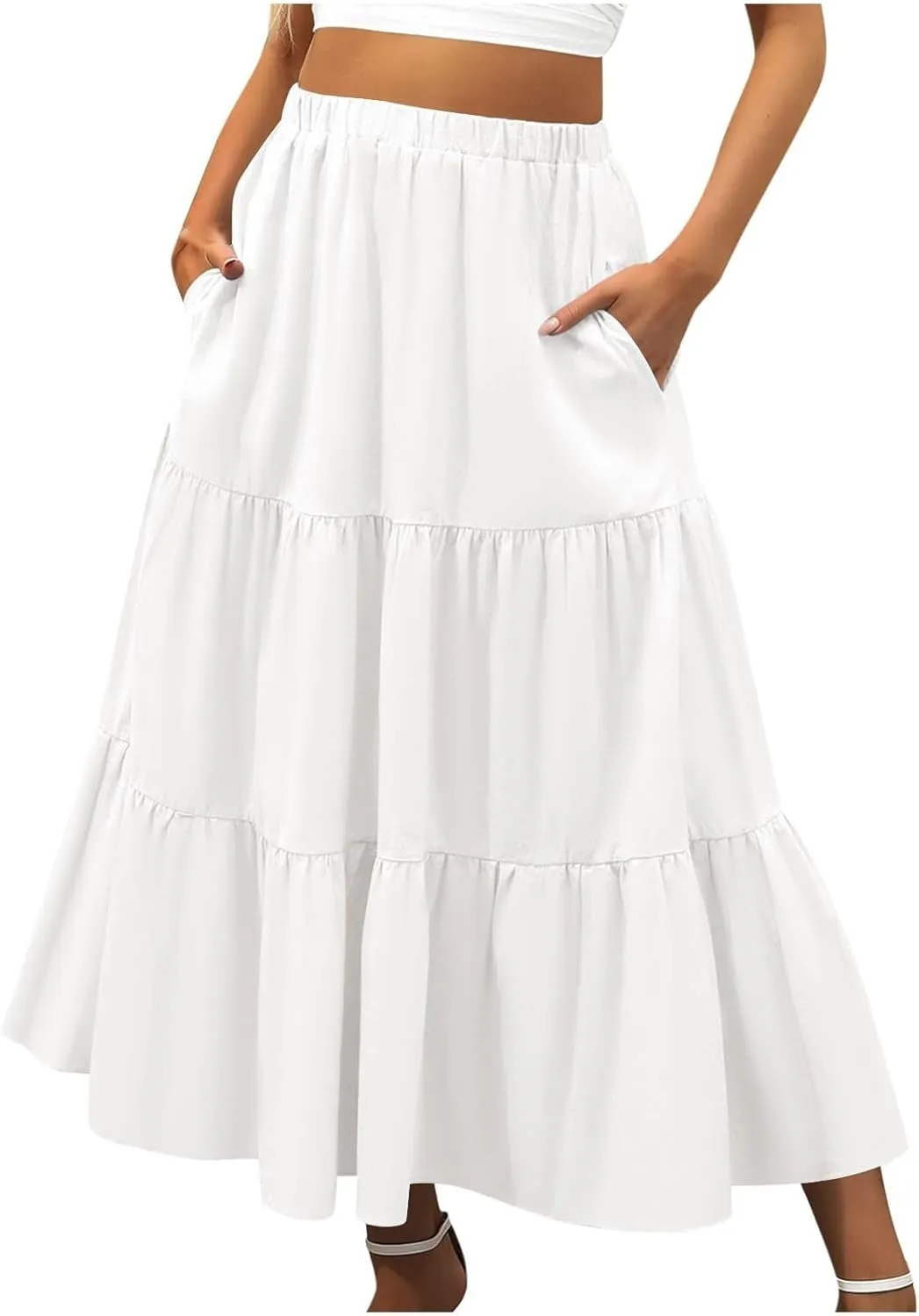Women's Summer Boho Maxi Skirts Elastic High Waist Pleated A-Line Flowy Ruffle Tiered Long Beach Vacation Skirt