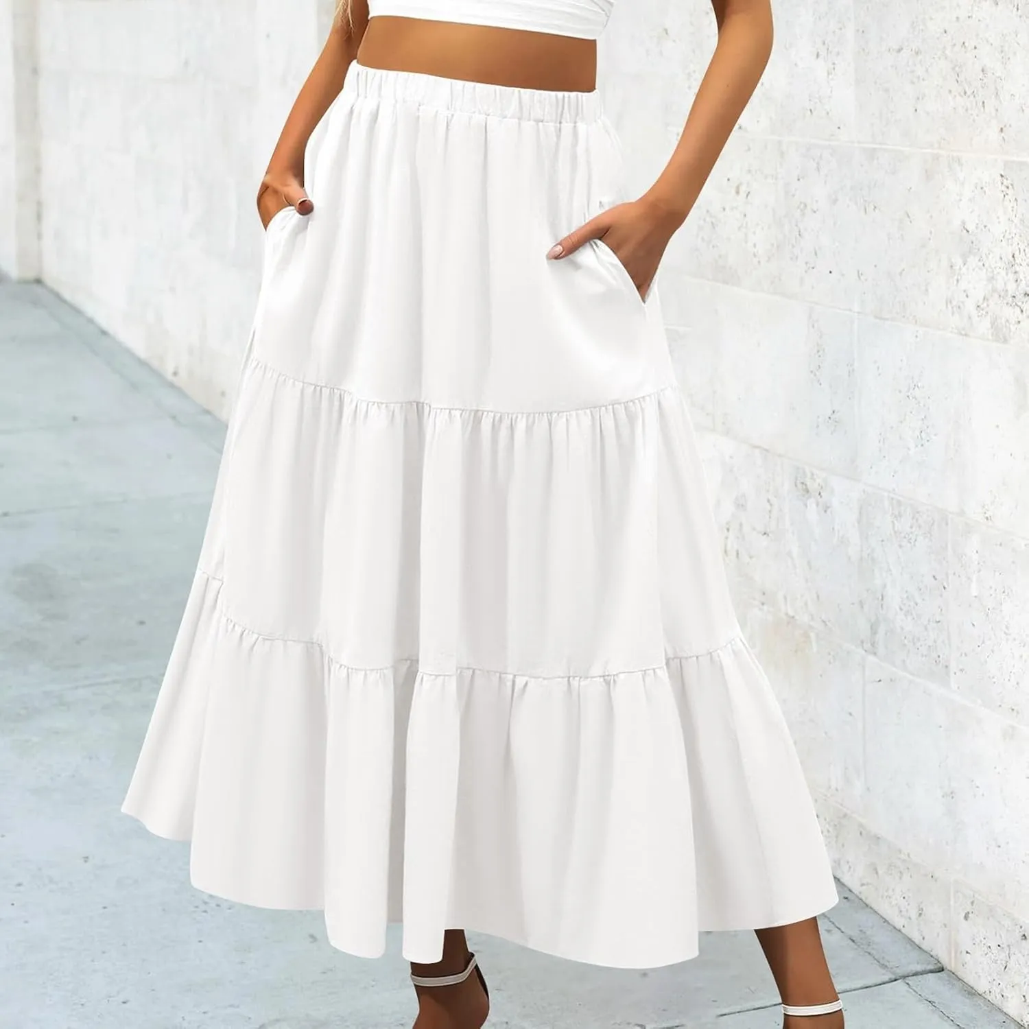 Women's Summer Boho Maxi Skirts Elastic High Waist Pleated A-Line Flowy Ruffle Tiered Long Beach Vacation Skirt