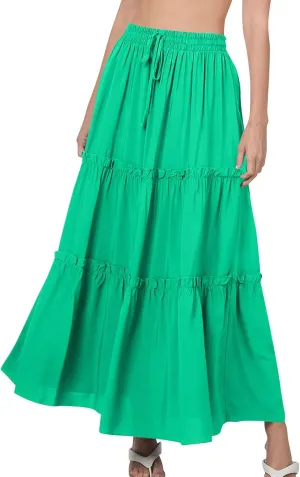 Women's Summer Casual Maxi Skirts Ruffle High Waist Solid Pleated Tiered Skirt