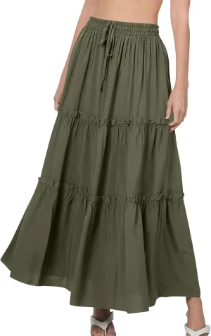 Women's Summer Casual Maxi Skirts Ruffle High Waist Solid Pleated Tiered Skirt