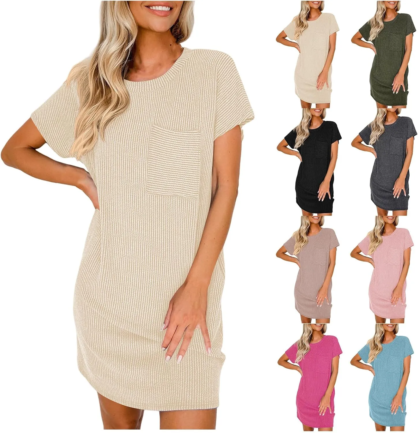 Womens Summer Casual T Shirt Dresses Short Sleeve Swing Dresses Texture Beach Holiday Sundresses