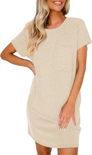 Womens Summer Casual T Shirt Dresses Short Sleeve Swing Dresses Texture Beach Holiday Sundresses