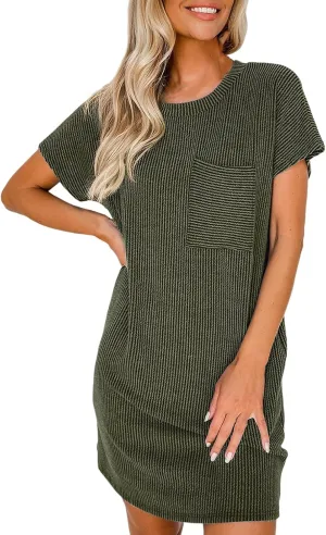 Womens Summer Casual T Shirt Dresses Short Sleeve Swing Dresses Texture Beach Holiday Sundresses