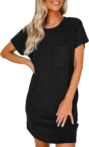Womens Summer Casual T Shirt Dresses Short Sleeve Swing Dresses Texture Beach Holiday Sundresses