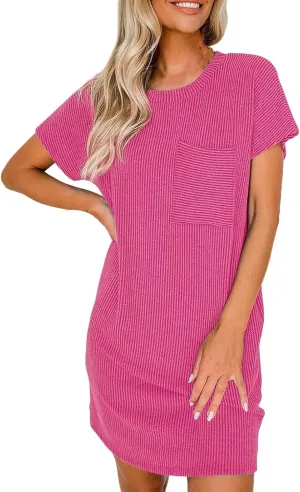 Womens Summer Casual T Shirt Dresses Short Sleeve Swing Dresses Texture Beach Holiday Sundresses