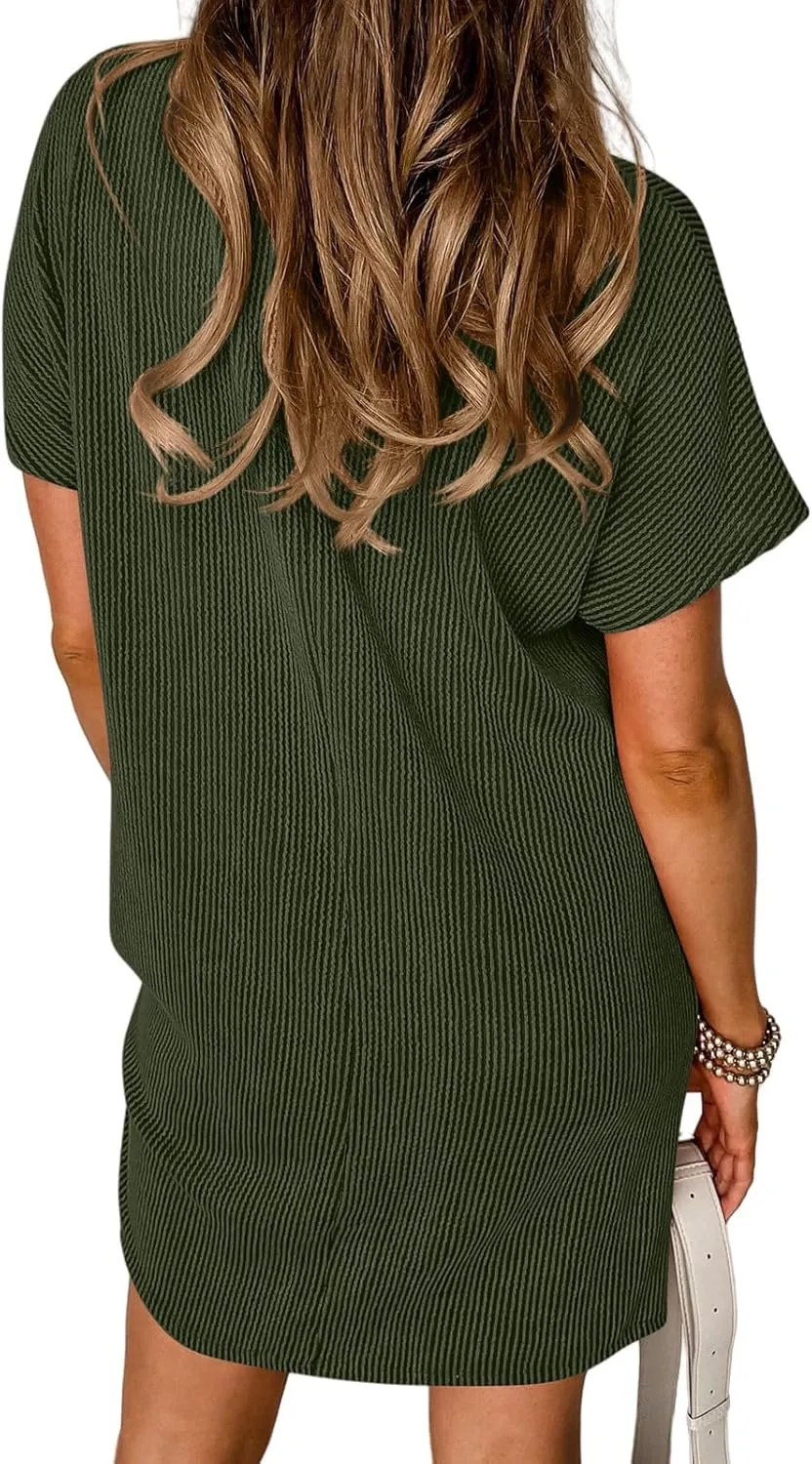 Womens Summer Casual T Shirt Dresses Short Sleeve Swing Dresses Texture Beach Holiday Sundresses
