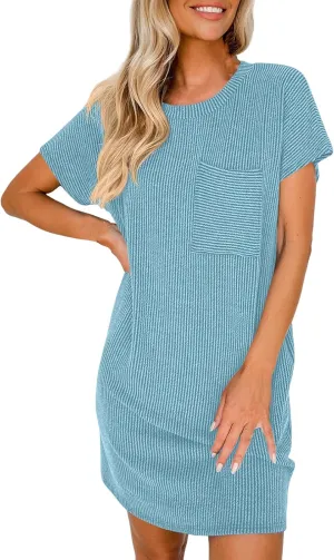 Womens Summer Casual T Shirt Dresses Short Sleeve Swing Dresses Texture Beach Holiday Sundresses
