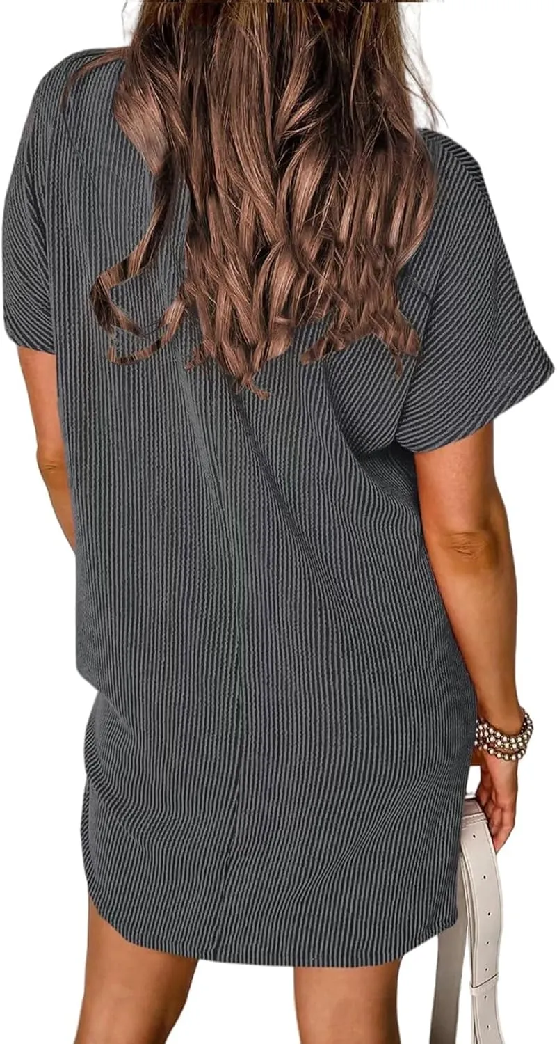 Womens Summer Casual T Shirt Dresses Short Sleeve Swing Dresses Texture Beach Holiday Sundresses