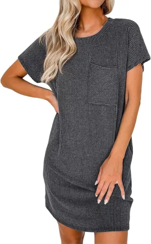 Womens Summer Casual T Shirt Dresses Short Sleeve Swing Dresses Texture Beach Holiday Sundresses