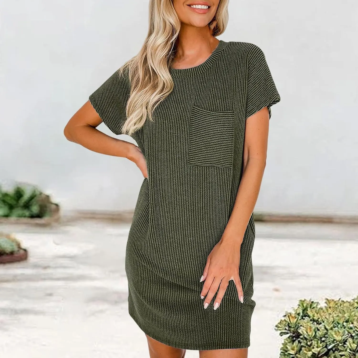 Womens Summer Casual T Shirt Dresses Short Sleeve Swing Dresses Texture Beach Holiday Sundresses