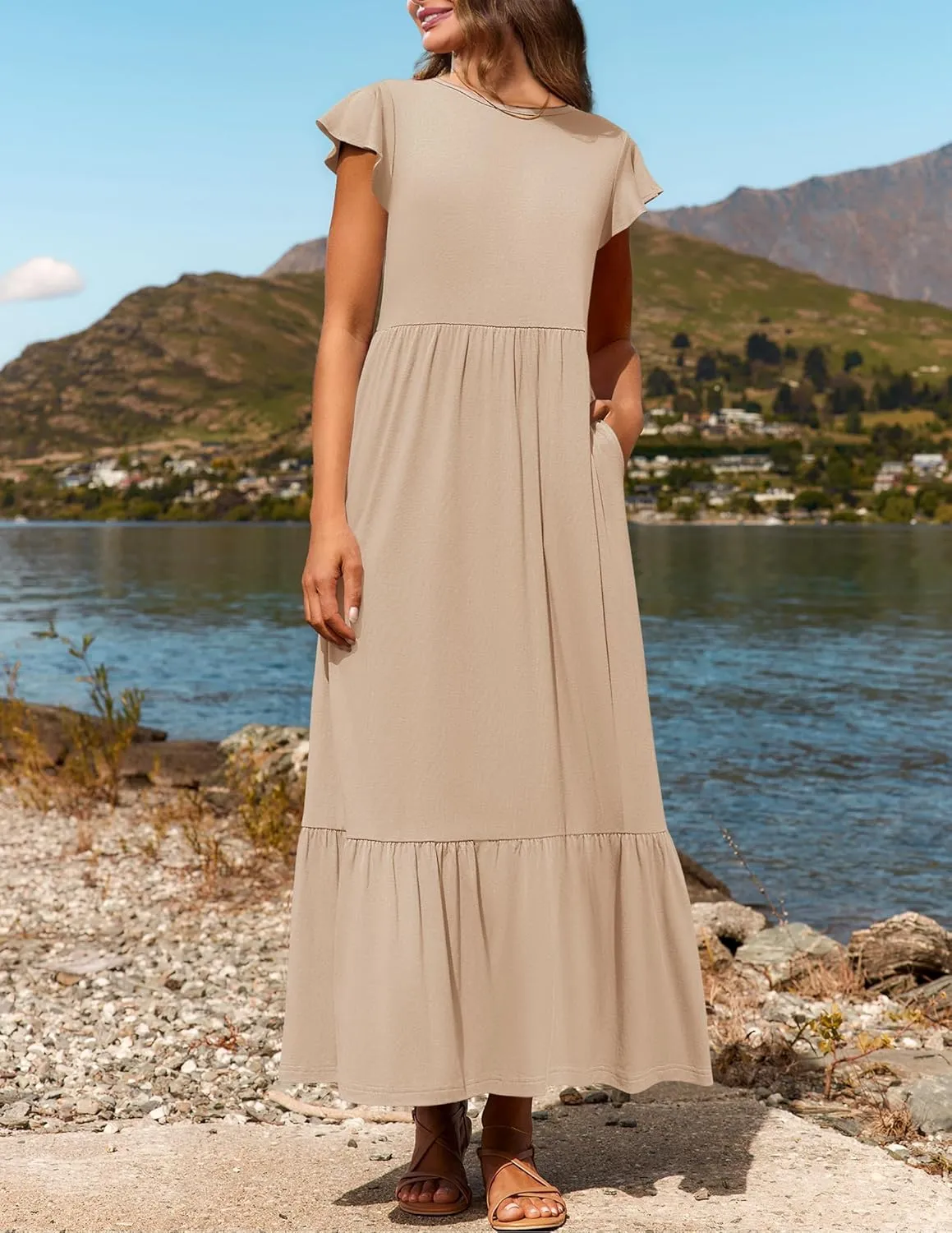 Women's Summer Dress Aline Flowy Tiered Maxi Long Beach Dress Elegant Ruffle Sleeve Crewneck Sundress Tunic Dresses