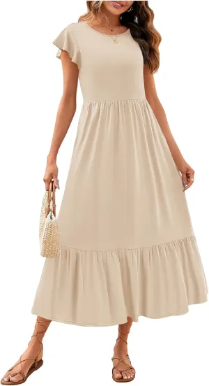 Women's Summer Dress Aline Flowy Tiered Maxi Long Beach Dress Elegant Ruffle Sleeve Crewneck Sundress Tunic Dresses