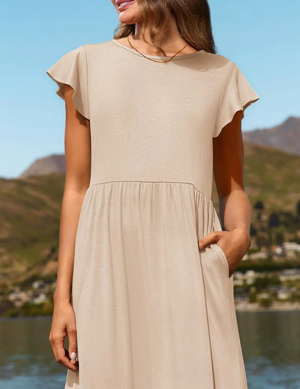 Women's Summer Dress Aline Flowy Tiered Maxi Long Beach Dress Elegant Ruffle Sleeve Crewneck Sundress Tunic Dresses