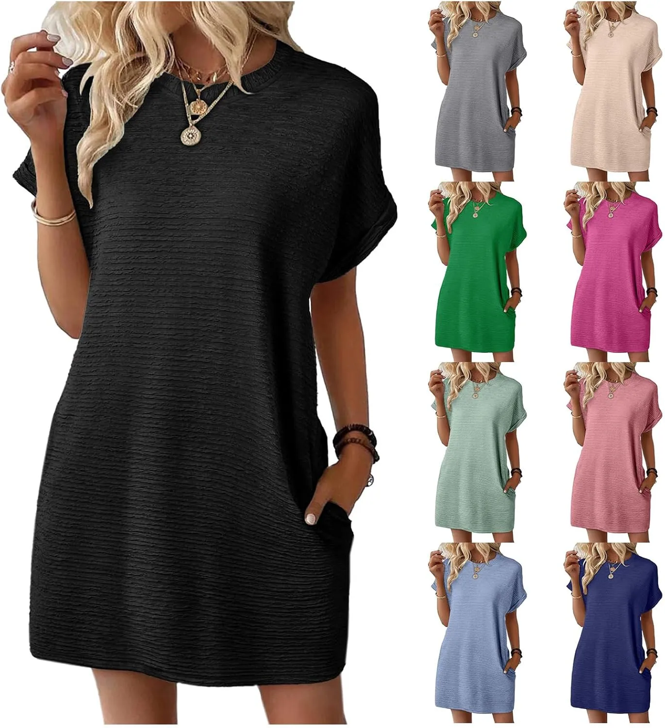 Womens Summer Dresses Casual Crewneck Short Sleeve T Shirt Dress 2025 Ribbed Mini Beach Vacation Dress