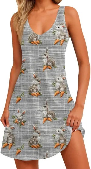 Women's Summer Dresses Casual V Neck Swimsuit Coverup Printed Sleeveless Sundress Beach 2025 Dress with Pocket