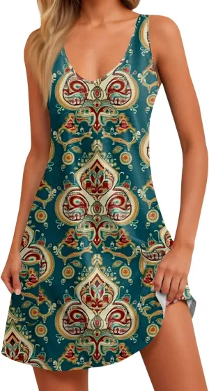 Women's Summer Dresses Vacation Printed Dress with Pocket 2025 V Neck Sundress Casual Sleeveless Swimsuit Coverup