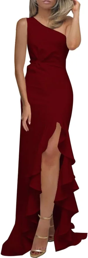 Women's Summer Formal Wedding Guest Dress Off Shoulder High Slit Maxi Bodycorn Dress Ruffle Hem Long Dress