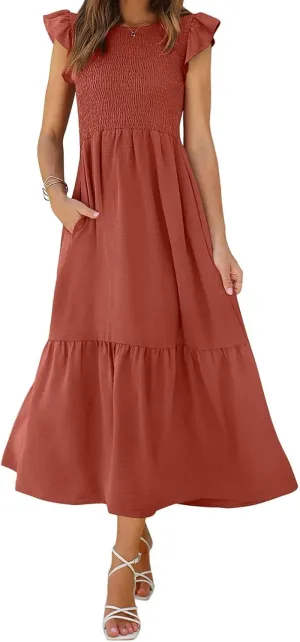 Womens Summer Maxi Dress Crew Neck Ruffle Sleeves Smocked Casual Dresses Flowy Tiered Beach Long Sundress with Pockets