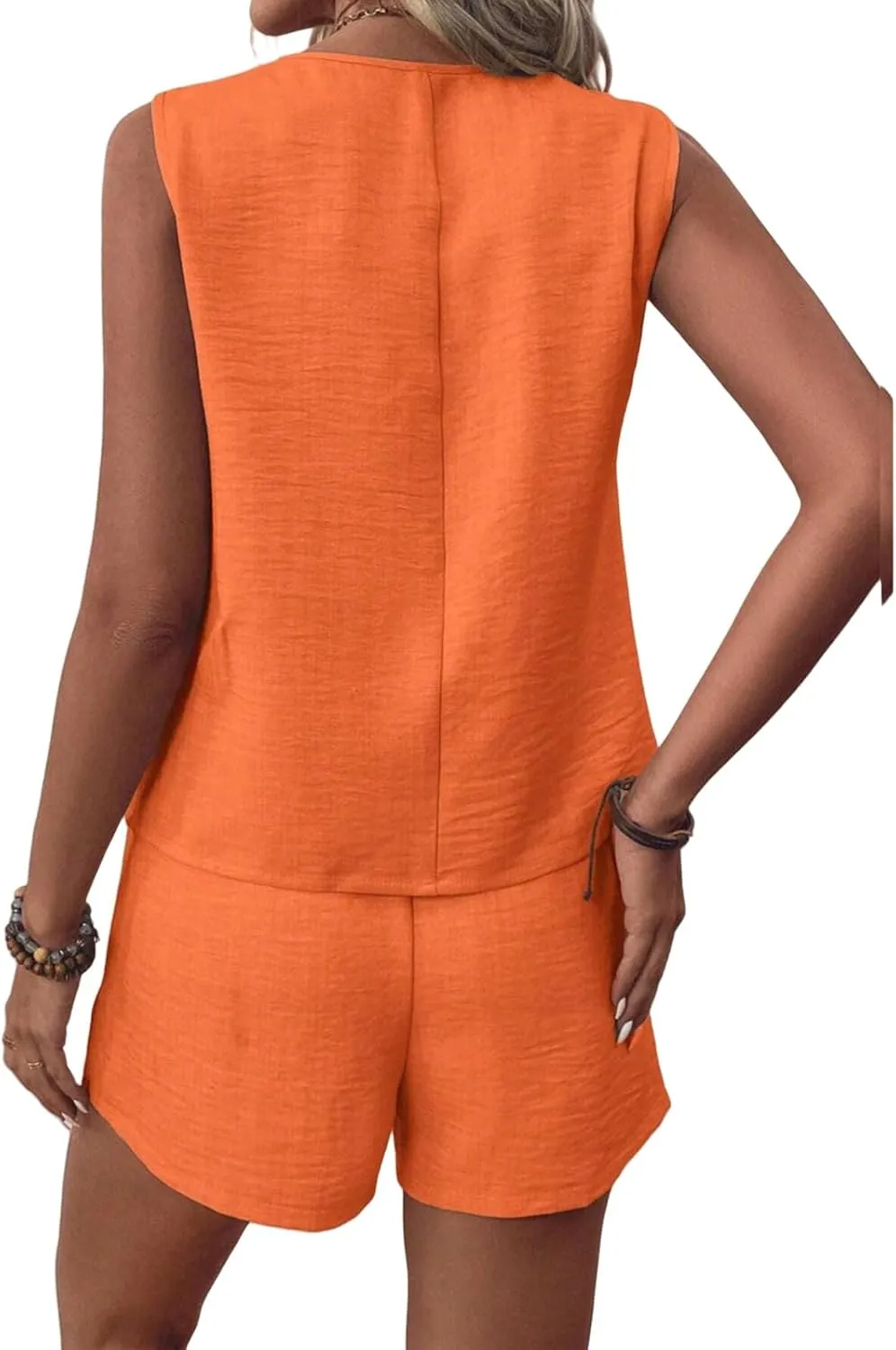 Womens Summer Outfits Linen V Neck Button Front Sleeveless Tank Tops Shorts Matching Sets Vest Two Piece Outfits