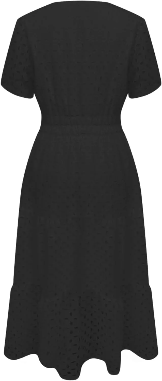 Womens Summer Short Sleeve Maxi Dress Casual V Neck Hollow Out Eyelet Ruffle Swing A Line Long Dress Vacation Outfits