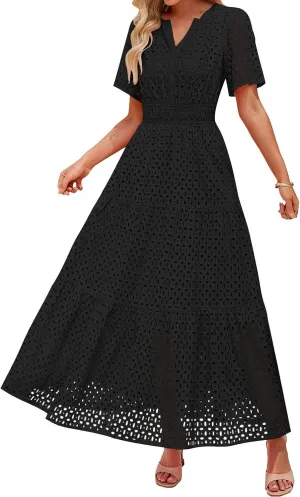Womens Summer Short Sleeve Maxi Dress Casual V Neck Hollow Out Eyelet Ruffle Swing A Line Long Dress Vacation Outfits