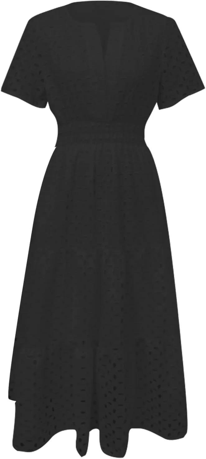 Womens Summer Short Sleeve Maxi Dress Casual V Neck Hollow Out Eyelet Ruffle Swing A Line Long Dress Vacation Outfits