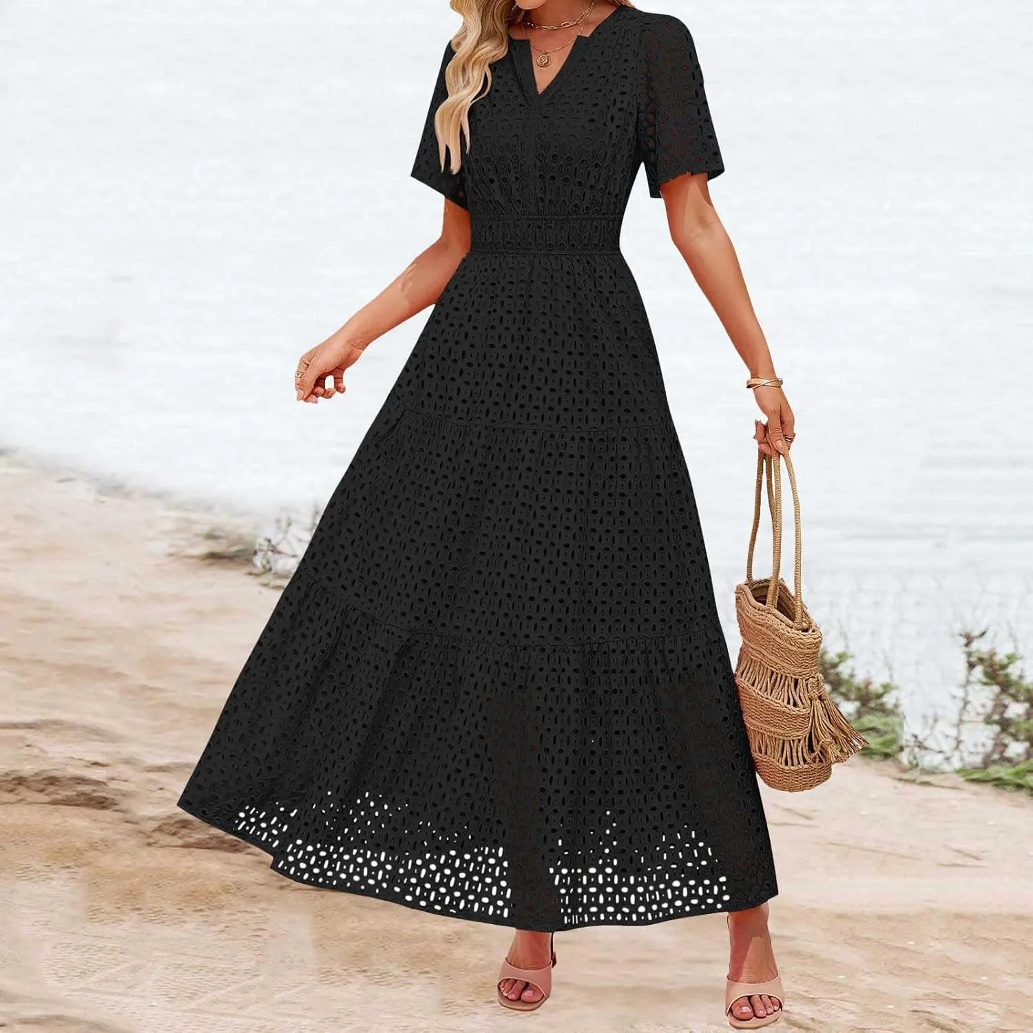 Womens Summer Short Sleeve Maxi Dress Casual V Neck Hollow Out Eyelet Ruffle Swing A Line Long Dress Vacation Outfits