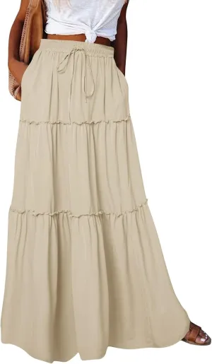 Women's Summer Skirts 2025 Loose Trendy Elastic High Waist Floral Print Boho Sun Beach Long Maxi Skirt, S-2XL