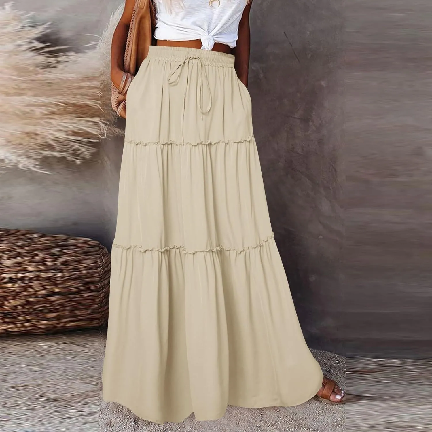 Women's Summer Skirts 2025 Loose Trendy Elastic High Waist Floral Print Boho Sun Beach Long Maxi Skirt, S-2XL