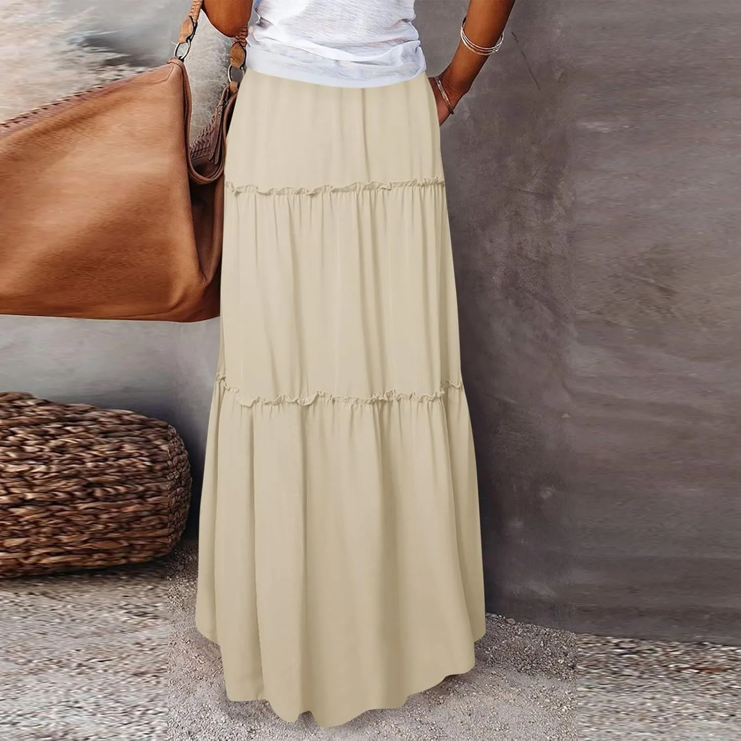 Women's Summer Skirts 2025 Loose Trendy Elastic High Waist Floral Print Boho Sun Beach Long Maxi Skirt, S-2XL