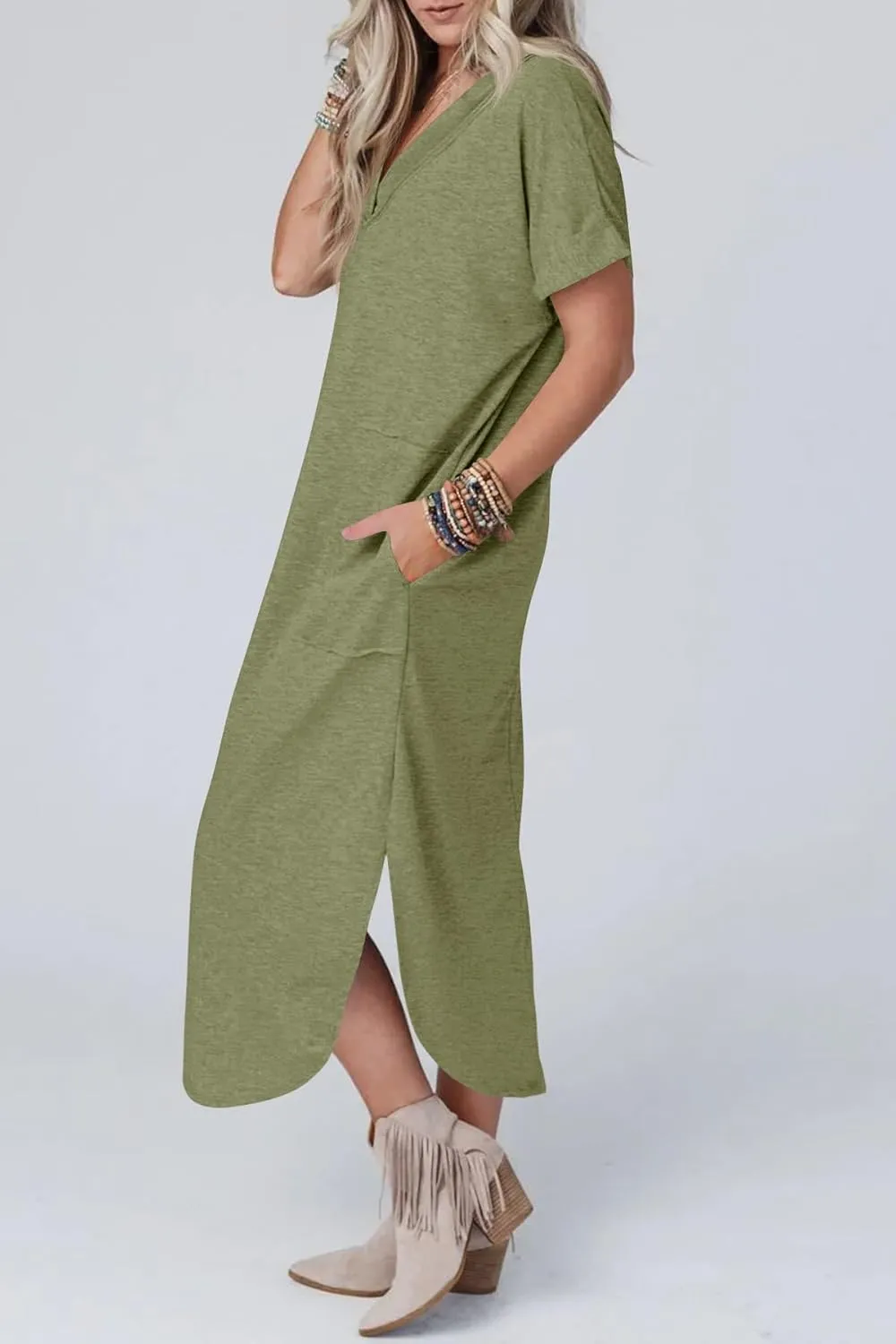 Womens Summer T Shirt Dress V Neck Short Sleeve Maxi Dresses Long Shirts with Pockets